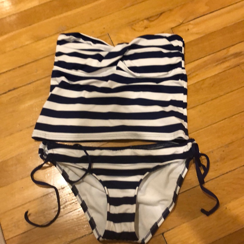 Navy and white striped tankini